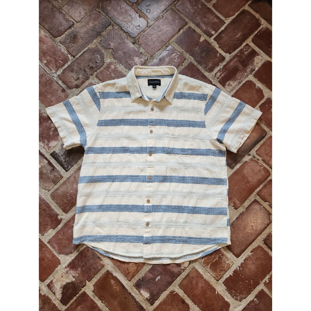 Lucky Brand Cotton Button Up Shirt Mens Large Beige Blue Stripe Short Sleeve - Picture 2 of 6